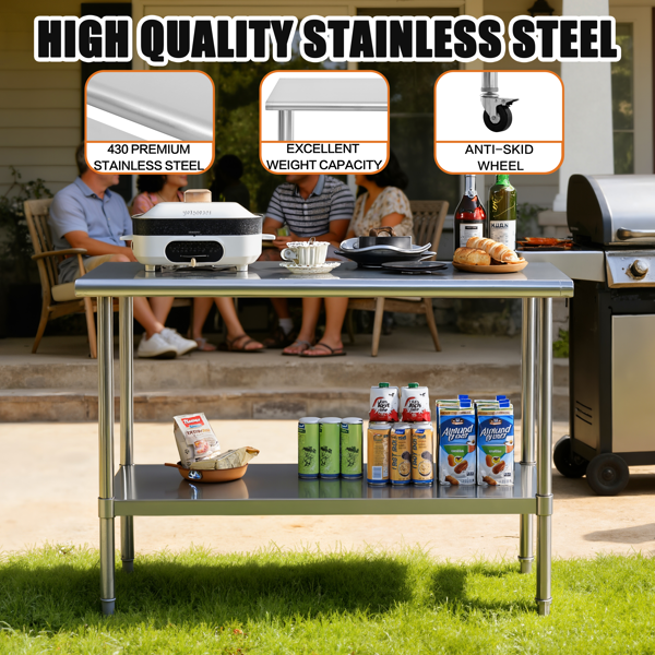 不锈钢工作台，24 x 48英寸不锈钢备餐台，适用于餐厅、车库、仓库的商用金属工作台-11