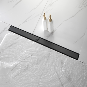 36英寸线性淋浴地漏，带二合一平面/嵌砖两用可拆卸盖板，304不锈钢材质，配毛发过滤网与调平脚，哑光黑色