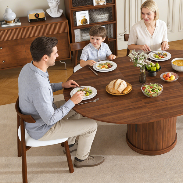 59英寸可伸缩椭圆形餐桌套装，配4把胡桃木餐椅，47-59英寸无导轨可伸缩餐桌，带双层储物空间，PU软垫实木餐椅，底座式设计，适合4-6人使用。-8