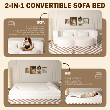 现代落地沙发，配两个靠枕，可转换成泰迪绒面料的泡沫填充沙发床，15英寸双人折叠床垫，适用于客厅、客房、游戏室，无需组装，米色/白色