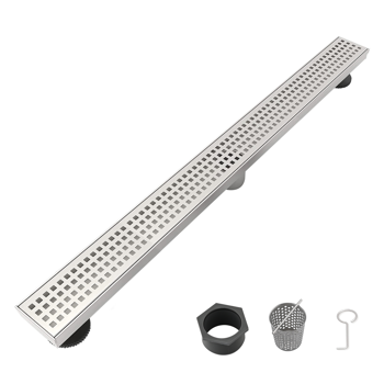 28英寸线性淋浴地漏，带可拆卸方格纹格栅，304不锈钢材质，配毛发过滤网与调平脚，拉丝镍