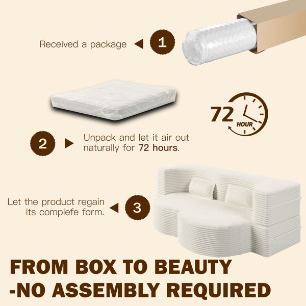 现代落地沙发，配两个靠枕，灯芯绒面料，泡沫填充，可折叠成沙发床，15英寸双人折叠床垫，适用于客厅、客房、游戏室，无需组装，米色/白色-4