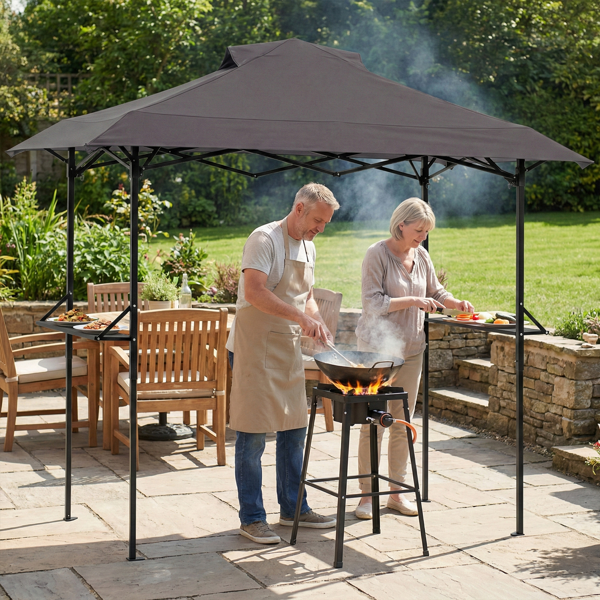 5X8FT 深灰色 顶布带通风口 折叠挑檐框架  烧烤棚 涤纶布 黑色喷塑框架 两边带网格托盘 配拎包-13