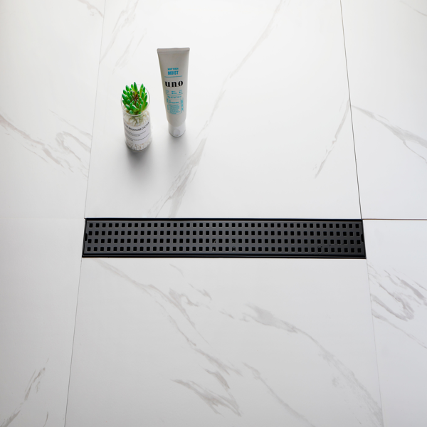 24英寸线性淋浴地漏，带可拆卸方格纹格栅，304不锈钢材质，配毛发过滤网与调平脚，哑光黑色-13