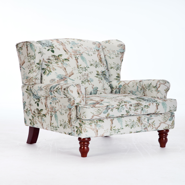 现代风格休闲椅，搭配复古木质椅腿，舒适软垫扶手椅，花卉图案单人沙发椅，适合客厅、卧室、办公室使用 - 花卉蓝鸟图案-12