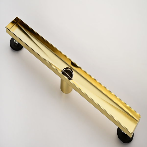 24英寸线性淋浴地漏，带可拆卸方格纹格栅，304不锈钢材质，配毛发过滤网与调平脚，拉丝金色-9