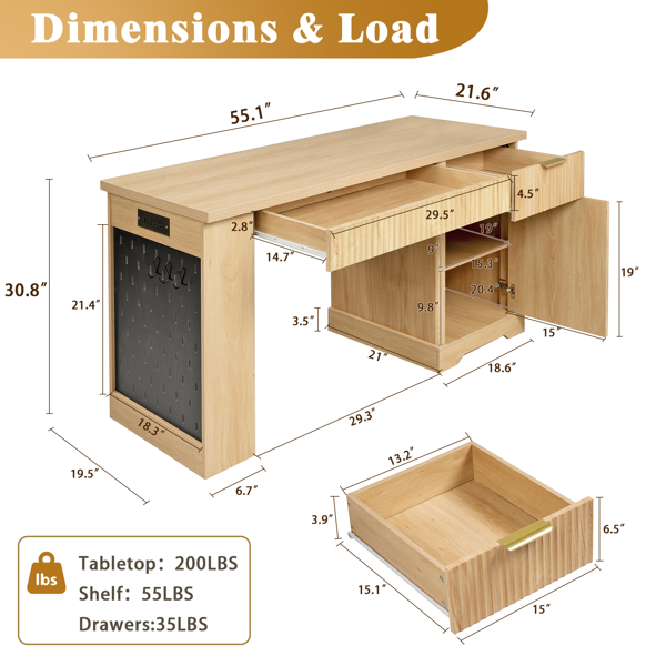 55英寸现代波纹办公桌，带储物柜和抽屉，电脑书桌，配备电源插座、洞洞板、内置置物架和键盘托盘，适用于书房、客厅、家庭办公室，浅橡木色。-13
