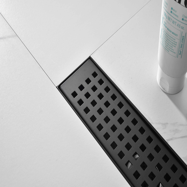 12英寸线性淋浴地漏，带可拆卸方格纹格栅，304不锈钢材质，配毛发过滤网与调平脚，哑光黑色-5