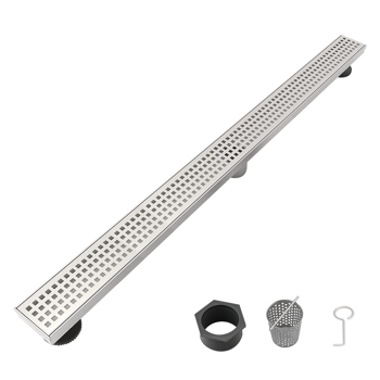 30英寸线性淋浴地漏，带可拆卸方格纹格栅，304不锈钢材质，配毛发过滤网与调平脚，拉丝镍