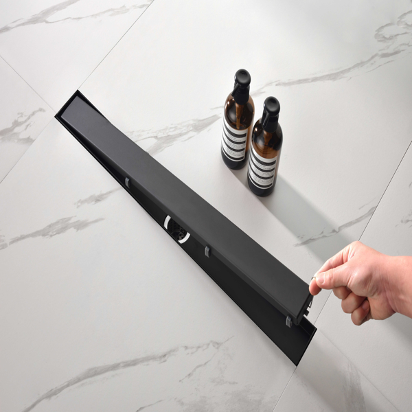 28英寸线性淋浴地漏，带二合一平面/嵌砖两用可拆卸盖板，304不锈钢材质，配毛发过滤网与调平脚，哑光黑色-4