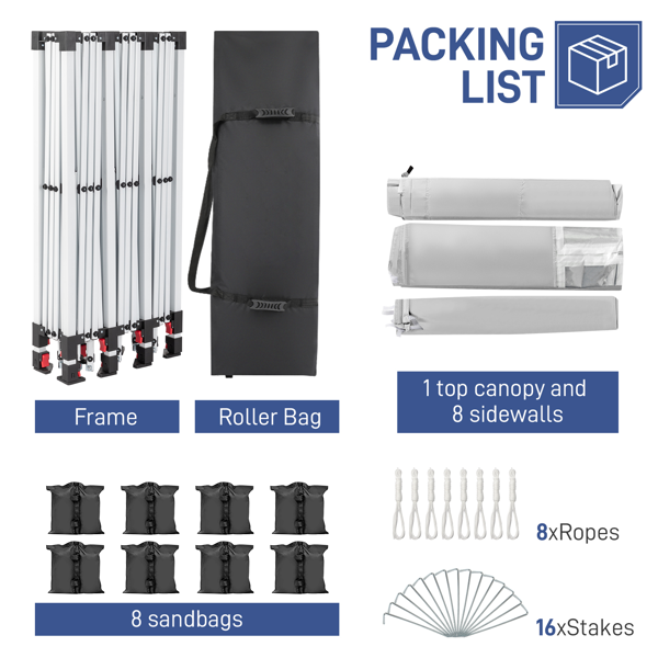 10*30ft 白色  8片面-6个窗2个门  折叠棚 牛津布 白色喷塑框架  配8个沙袋 配拖轮包-17