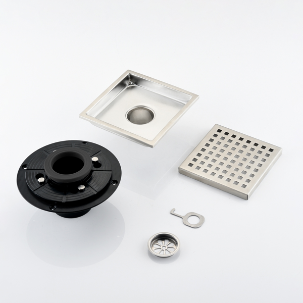 6英寸方形淋浴地漏，带可拆卸方格纹格栅，304不锈钢材质，配法兰底座和毛发过滤网，拉丝镍-11