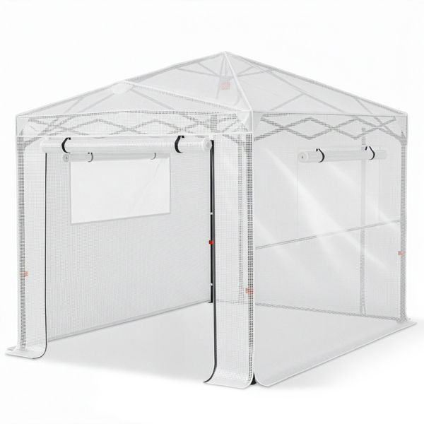 8*6FT PE布花房 白色PE布 黑底银花铁管  一键尖顶 两侧带双窗户 带对侧双拉链卷门 带地钉风绳-1