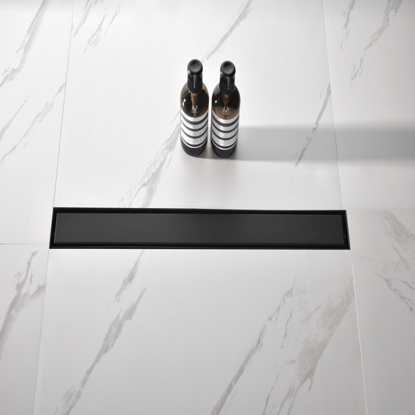 28英寸线性淋浴地漏，带二合一平面/嵌砖两用可拆卸盖板，304不锈钢材质，配毛发过滤网与调平脚，哑光黑色-2