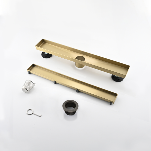 12英寸线性淋浴地漏，带二合一平面/嵌砖两用可拆卸盖板，304不锈钢材质，配毛发过滤网与调平脚，拉丝金色-8