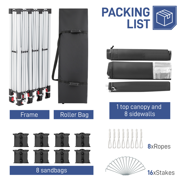 10*30ft 深灰色 8片面-2个门 折叠棚 牛津布 白色喷塑框架-10