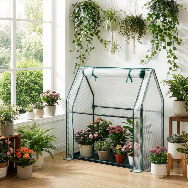 36*18*33in PE布花房 白色PE布 墨绿色铁管 尖顶 带PE地垫 带拉链卷门-23