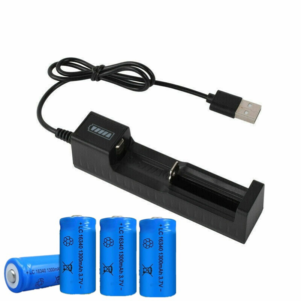 4块 16340 电池 1300 毫安 3.7 伏锂离子可充电电池 + USB 充电器-4
