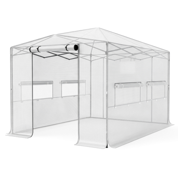 8*12FT PE布花房 白色PE布 黑底银花铁管 一键尖顶 两侧带双窗户 带对侧双拉链卷门带小窗 带地钉风绳