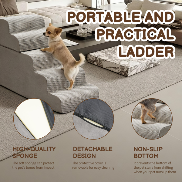 33*15.7*23.5inch 弧形 上下5阶  灰色 28D海绵+玉米绒 衬布可拆卸 宠物爬梯-4