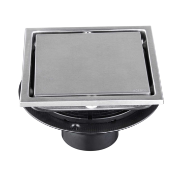 6英寸方形淋浴地漏，带二合一平面/嵌砖两用可拆卸盖板，304不锈钢材质，配法兰底座和毛发过滤网，拉丝镍