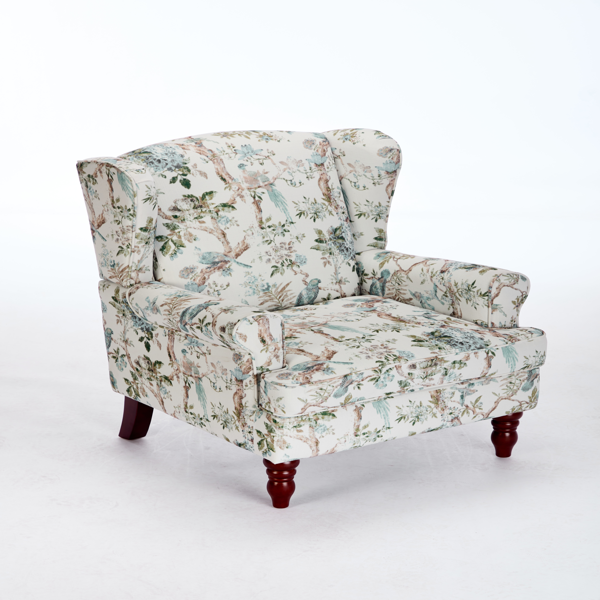 现代风格休闲椅，搭配复古木质椅腿，舒适软垫扶手椅，花卉图案单人沙发椅，适合客厅、卧室、办公室使用 - 花卉蓝鸟图案-5