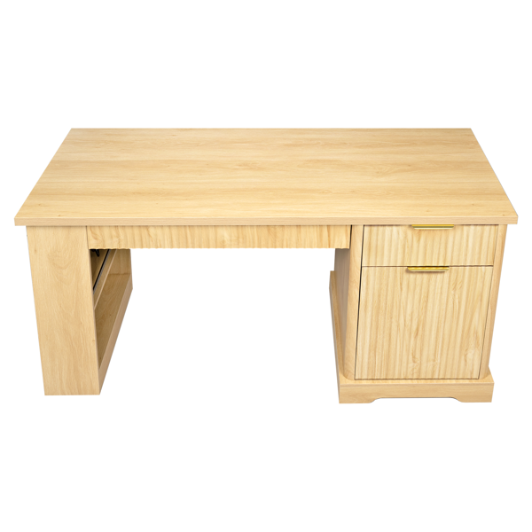 55英寸现代波纹办公桌，带储物柜和抽屉，电脑书桌，配备电源插座、洞洞板、内置置物架和键盘托盘，适用于书房、客厅、家庭办公室，浅橡木色。-4