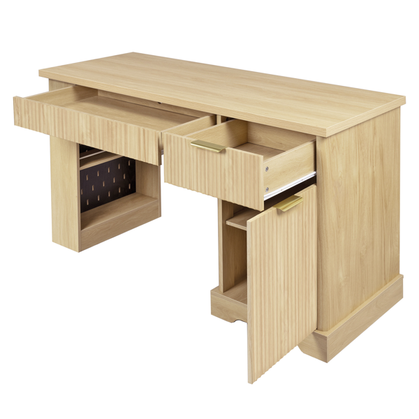 55英寸现代波纹办公桌，带储物柜和抽屉，电脑书桌，配备电源插座、洞洞板、内置置物架和键盘托盘，适用于书房、客厅、家庭办公室，浅橡木色。-11