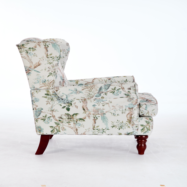 现代风格休闲椅，搭配复古木质椅腿，舒适软垫扶手椅，花卉图案单人沙发椅，适合客厅、卧室、办公室使用 - 花卉蓝鸟图案-11