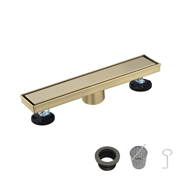 12英寸线性淋浴地漏，带二合一平面/嵌砖两用可拆卸盖板，304不锈钢材质，配毛发过滤网与调平脚，拉丝金色-1