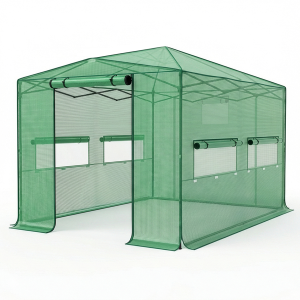 8*12FT PE布花房 绿色PE布 黑底银花铁管 一键尖顶 两侧带双窗户 带对侧双拉链卷门带小窗 带地钉风绳-1
