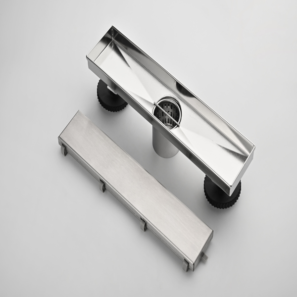 12英寸线性淋浴地漏，带二合一平面/嵌砖两用可拆卸盖板，304不锈钢材质，配毛发过滤网与调平脚，拉丝镍-7