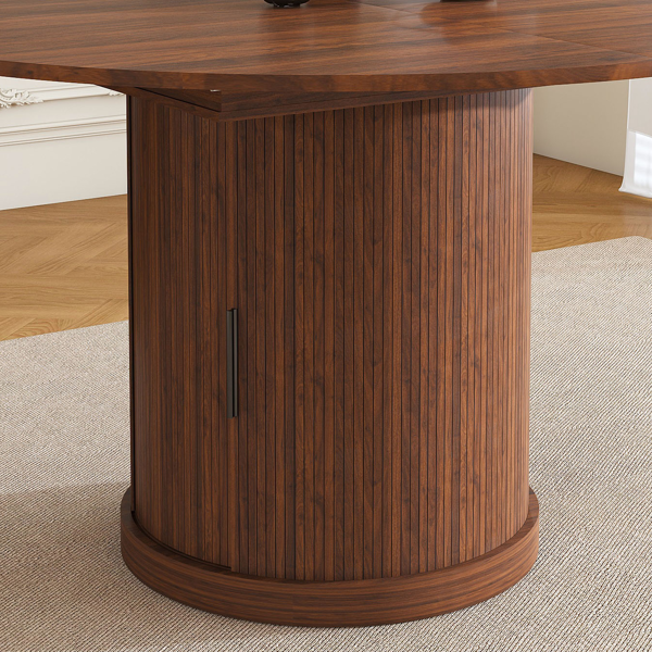 59英寸可伸缩椭圆形餐桌套装，配4把胡桃木餐椅，47-59英寸无导轨可伸缩餐桌，带双层储物空间，PU软垫实木餐椅，底座式设计，适合4-6人使用。-10