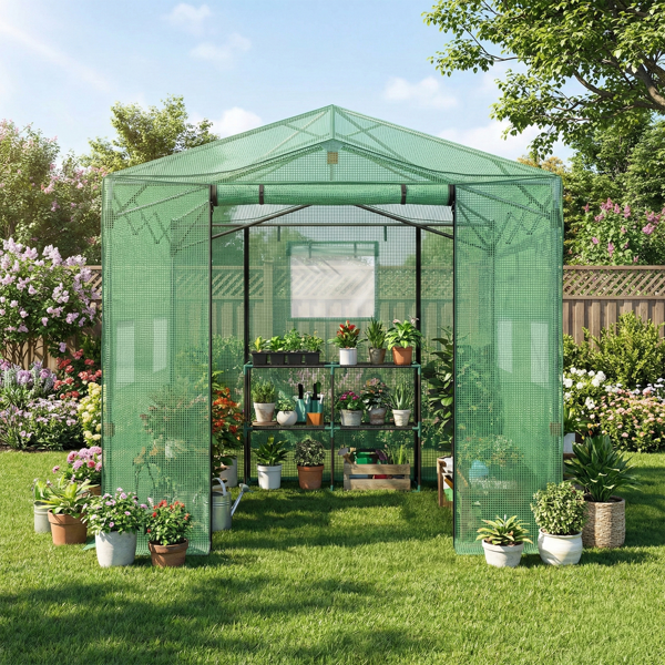 8*12FT PE布花房 绿色PE布 黑底银花铁管 一键尖顶 两侧带双窗户 带对侧双拉链卷门带小窗 带地钉风绳-8