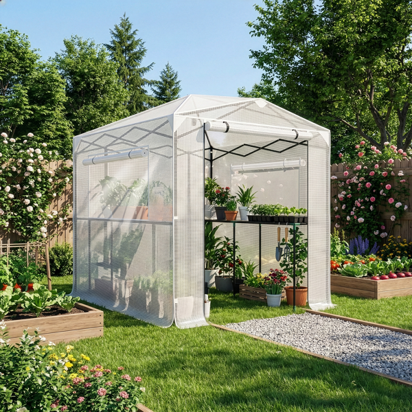 8*6FT PE布花房 白色PE布 黑底银花铁管  一键尖顶 两侧带双窗户 带对侧双拉链卷门 带地钉风绳-3