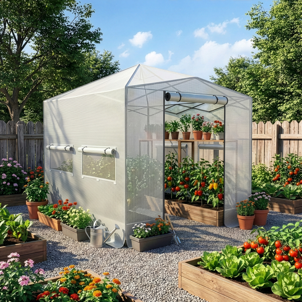 8*12FT PE布花房 白色PE布 黑底银花铁管 一键尖顶 两侧带双窗户 带对侧双拉链卷门带小窗 带地钉风绳-6