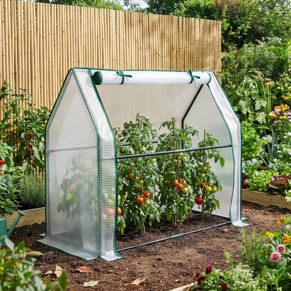 36*18*33in PE布花房 白色PE布 墨绿色铁管 尖顶 带PE地垫 带拉链卷门-13