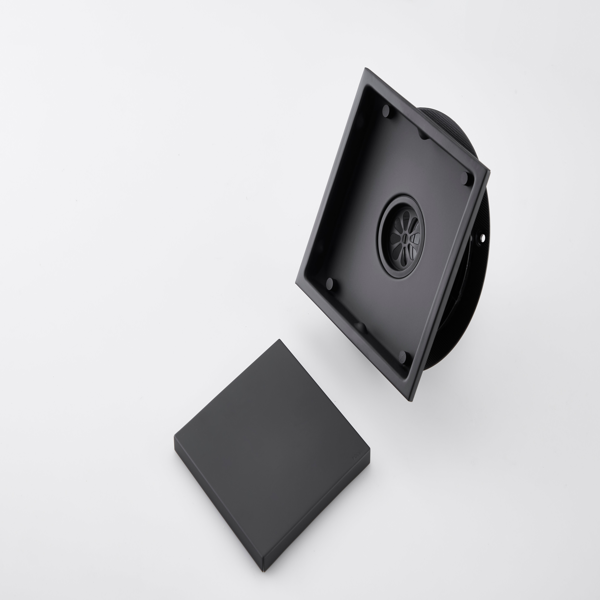 6英寸方形淋浴地漏，带二合一平面/嵌砖两用可拆卸盖板，304不锈钢材质，配法兰底座和毛发过滤网，哑光黑色-4