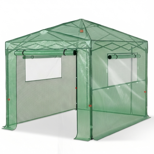 8*6FT PE布花房 绿色PE布 黑底银花铁管 一键尖顶 两侧带双窗户 带对侧双拉链卷门 带地钉风绳-1