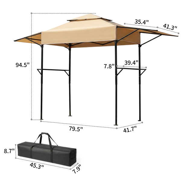 3.3X12.5FT 卡其色 双顶 折叠框架 烧烤棚 涤纶布 黑色喷塑框架 带两侧可调遮阳板 两边带网格托盘 配拎包-4
