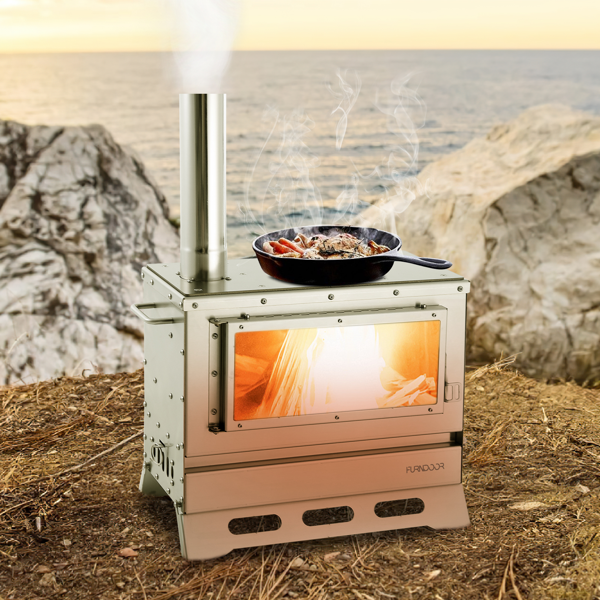 热帐篷炉，木柴燃烧，配有烟囱管，便携式折叠帐篷式木柴炉，包含观察窗和携带袋，适用于户外取暖、烹饪和狩猎-4