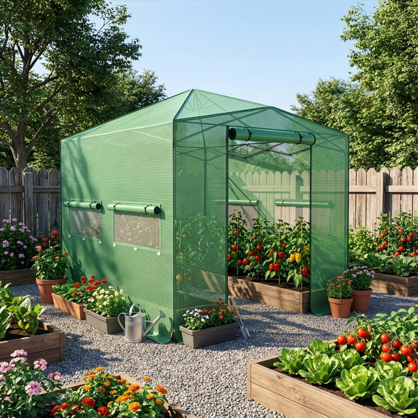 8*12FT PE布花房 绿色PE布 黑底银花铁管 一键尖顶 两侧带双窗户 带对侧双拉链卷门带小窗 带地钉风绳-5