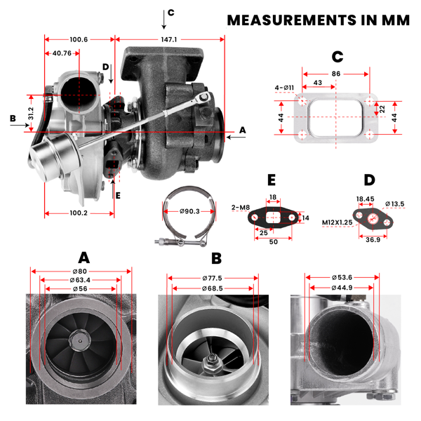 通用T3 T04E V型涡轮增压器 .63 A/R 带旁通阀，适用于所有4缸或6缸 1.5L-2.5L发动机-2