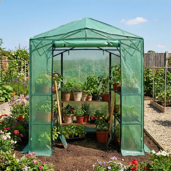 8*6FT PE布花房 绿色PE布 黑底银花铁管 一键尖顶 两侧带双窗户 带对侧双拉链卷门 带地钉风绳-7