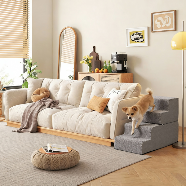 28.3*15.7*19.5inch 方形 上下4阶  灰色 28D海绵+玉米绒 衬布可拆卸 宠物爬梯-5