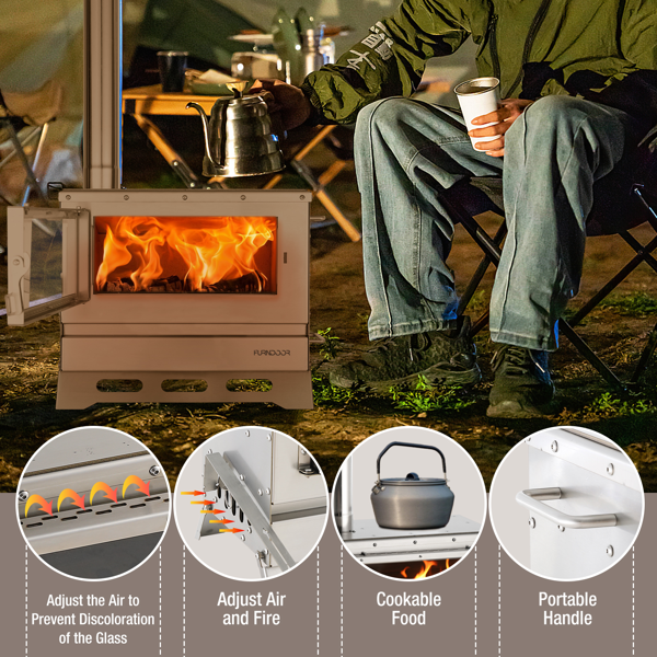 热帐篷炉，木柴燃烧，配有烟囱管，便携式折叠帐篷式木柴炉，包含观察窗和携带袋，适用于户外取暖、烹饪和狩猎-3