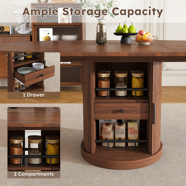 59英寸可伸缩椭圆形餐桌套装，配4把胡桃木餐椅，47-59英寸无导轨可伸缩餐桌，带双层储物空间，PU软垫实木餐椅，底座式设计，适合4-6人使用。-14