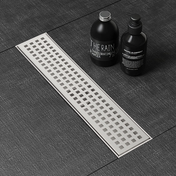 12英寸线性淋浴地漏，带可拆卸方格纹格栅，304不锈钢材质，配毛发过滤网与调平脚，拉丝镍-2