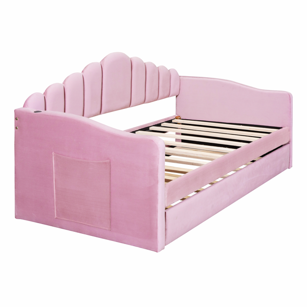 双人尺寸软垫沙发床，带抽拉床架，天鹅绒沙发床，带 USB 充电端口，无需弹簧床垫，粉色（旧 SKU HL000067AAH）-9