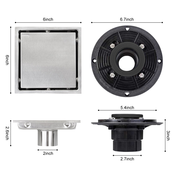 6英寸方形淋浴地漏，带二合一平面/嵌砖两用可拆卸盖板，304不锈钢材质，配法兰底座和毛发过滤网，拉丝镍-12